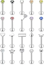 [Vsnnsns] 16G 18G 20G Threadless Push in Lip Rings Stainless Steel Flat Back Nose Rings Studs Earrings Tragus Helix Conch Cartilage Lobe Earrings Stud Piercing Jewelry for Women Men CZ 20Pcs