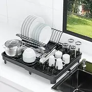 YEPATER Extendable Dish Rack, Large Dish Drying Rack with Drainboard,Cup Holder,Cutlery Drawer Organizer,Collapsible Dish Drainer for Kitchen Counter