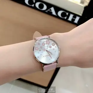 點數9%★COACH手錶,編號CH00079,36mm玫瑰金圓形精鋼錶殼,白色中二針顯示, 花卉錶面,粉紅真皮皮革錶帶款,獨一無二!, 獨具匠心!【APP下單享9%點數上限5000點】