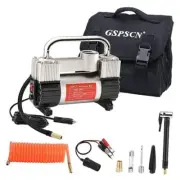 Tire Inflator Heavy Duty Double Cylinders with Portable Bag, Metal 12V Silver