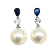 Shell Pearl Simulated Sapphire CZ Dangle Drop Earrings 14K White Gold 925 Silver