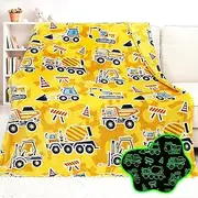 Construction Blanket Toys for Kids Boys - Excavator Glow in The Dark Blanket - Truck Soft Fleece Tractor Throw Blankets Car Theme Birthday Gifts for Boys Teens