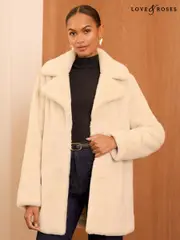 Love & Roses Cream Collared Faux Fur Coat (AD7536) | $116