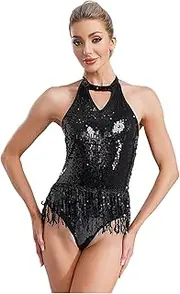 [Yeahdor] Shiny Sequin Fringe Bodysuit for Women Tassel Latin Jazz Dance Leotard Bodysuit Lyrical Dance Romper