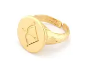 Bow Horoscope Bark Textured Band Ring Adjustable Shiny gold plated brass 4861