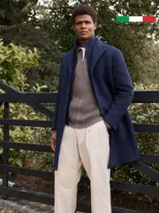 Navy Blue Signature Soft Touch Wool Rich Padded Italian Fabric Funnel Neck Coat (N96495) | $417