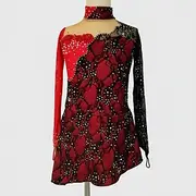 Figure Skating Dress Women's Girls' Ice Skating Dress BlackRed Thumbhole Asymmetric Hem Mesh Spandex Lace Stretchy Training Practice Professional Skating Wear