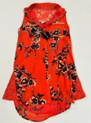Miss Me Blouse Red Lace Black Floral Sleeveless Button Up Pockets Small NWT