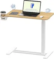 [FLEXISPOT] Medical Adjustable Overbed Bedside Table with Wheels Pneumatic Mobile Standing Desk Laptop Desk Rolling Computer Cart Movable Overbed Table Hospital Home Use 70cm x 40cm, Maple