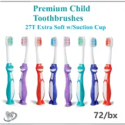 Premium Child Toothbrushes 27T Extra Soft w/Suction Cup 72/cs - Assorted Colors