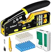 RJ45 Crimp Tool Pass Through Kit Ethernet Crimper Cat5 Cat5e Cat6 Crimping Tool for RJ11/12 6P/8P with Network Lan Cable Tester, 50PCS CAT6 Connectors, 50PCS Boots, Mini Cable Stripper