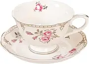 [fanquare] 7.4oz Floral Porcelain Tea Cup and Saucer Set, Light Pink Coffee Cup with Gold Trim, Vintage British Tea Cup