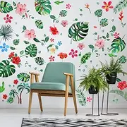 66 Pieces Large Palm Leaves Wall Decals Tropical Hibiscus Flower Peel Removable Stickers Green Plants Fresh Leaves Stickers for DIY Bedroom Living Room Office Bathroom Wall Corner