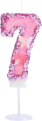 Number 7 Birthday Candle for Girls Child Princess, Pink Sequins 3D Butterfly Num