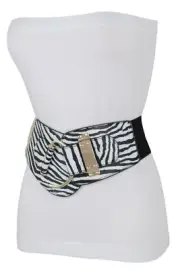 Women Black White Zebra Animal Print Elastic Waistband Belt Hook Buckle Fit S M