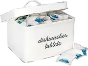 AuldHome Dishwasher Pod Holder, Tablet Container; White Enamelware Rustic Kitchen Storage Tin with Lid
