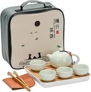 Chinese Tea Pot Cup Set with Tray Infuser, Travel Ceramic Tea Set Porcelain Teapot, Portable All in One Bag for Outdoor Picnic Business Hotel (Green)