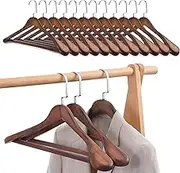 Wide Shoulder Wooden Hangers, 12 Pack Suit Hangers with Non Slip Pants Bar & 360° Swivel Hook, Solid Wood Coat Hangers for Dress, Jacket, Pants, Heavy Clothes Hangers (1)