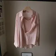 Long-Sleeve Collared Plain Shirt / Plain Cami Top Camisole Top - Pink - One Size