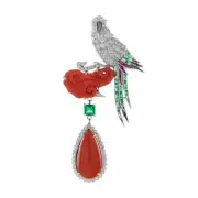 18K White Gold Natural Coral Emerald Ruby and Diamond Art Deco Style Bird Brooch