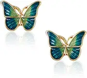 Hypoallergenic Enamel Blue Monarch Butterfly Stud Earrings Tiny Light Green
