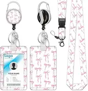 ID Badge Holder with Retractable Reel Clip Cute Pink Bows Breakaway Lanyards for ID Badges for Women Aesthetic Office Accessories Supplies