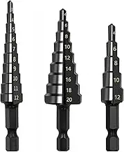 YUENTOEN 3Pcs Step Drill Bit Set with 1/4 Inch Hex Shank Black Nitride Coated Cone Drill Bit Set, Double Cutting Blades for Wood, Aluminum and Insulating Plates