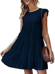 [Generic] Women’s Casual Layered Ruffle Ruffle Cap Sleeve Round Neck A Line Swing Summer Short Mini Dress