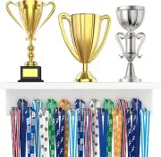 Wooden Medal Hanger Display and Trophy Shelf with 19 Hooks Medal Holder Wall ...