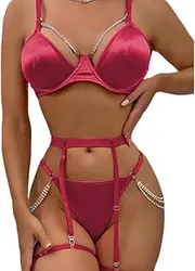 [Generic] Women Sexy Lingerie Set Underwire Chain Bra and Panty Sets Push Up 3 Piece Lingerie Set with Garter