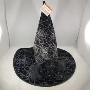 Halloween Witch Hat w Giant Spider Black Silver Glitter Spider Webs