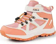 R Cord Kids Hiking Boots Waterproof Girls Hiking Boots Durable TPR Traction Outsole Anti-Skid Athletic Hook and Loop Drawstring Closure Hiking Boots for Outdoor