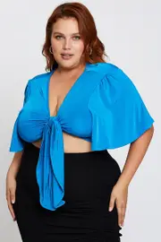 Blue Short Flare Sleeve Front Tie Crop Top