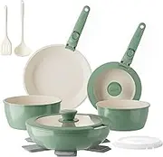 Redchef Ceramic Nonstick Pans and Pots Set, Ceramic Cookware Set with Detachable Handles16Pcs, Induction Dishwasher Oven Safe Kitchen Cooking Set, PFAS PFOA & PTFE Free, Green