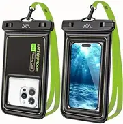 【2025 Upgraded】 2 Pack Black - IP68 Waterproof Phone Pouch Floating Design No Sink Waterproof Phone Case - Beach Pool Travel Essentials - Works w/All Phones - Detachable Lanyard - Black/Hi-Vis Green