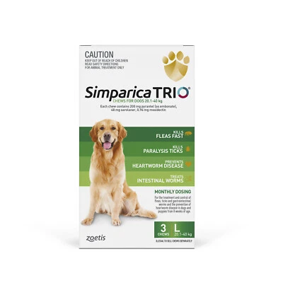 Zoetis Simparica 20.1-40kg Green Flea & Tick Control Large Pet Dog Worms Chew