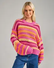 [Rip Curl] Rip Curl Women's Neon Isles Cotton Stripe Sweater in Pink Size XL XL Pink