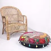 Sophia Art Round Floor Pillow Cushion Patchwork Pouf Ottoman Vintage Indian Foot Stool Bean Bag Floor Pillow Cover Home Decor Living Room Ottoman Bohemain Pillows (Black, 22 Inch)