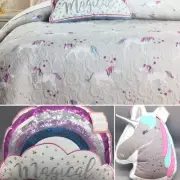 3pc Nicole Miller Unicorn Star Quilt TWIN 2 THROW PILLOWS Girls Cotton Designer