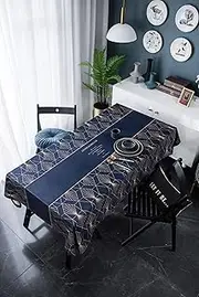 EHOMERY Table Clothes Elegant Table Decor Napkins Cloth Flannel Gold Line 8 Seater Dining Table Cloth Wipeable Dining Table Cover Polyester Navy Blue Gold Line Table Decoration 140X200Cm