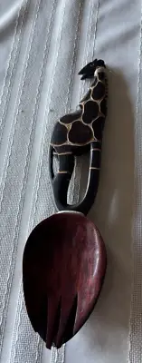 VTG Wooden Giraffe Wooden Salad Serving Set Fork and Spoon Hand Carved Teak Wood