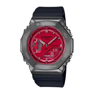 CASIO卡西歐 G-SHOCK 八角金屬殼雙顯手錶-黑灰x紅 GM-2100B-4A_44.4mm
