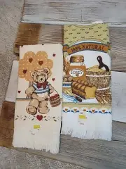 VTG 80s Teddy Bear Farmhouse Design 100% Cotton Loop Hand Towels 2 Qty NEW USA