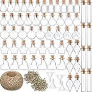 100 Pieces Small Mini Glass Bottles Jars with Cork Stopper Set Tiny Empty Refillable Wishing Bottles Drifting Bottles with Eye Screws Funnels and Rope for DIY Crafts Bead Containers, 10 Shapes