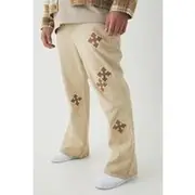 Mens Stonewash Plus Cross Applique Gusset Detail Slim Flared Jeans