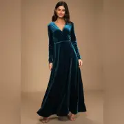 NWT lulus women’s medium maxi wrap long sleeve velvet dress Jacinda blue