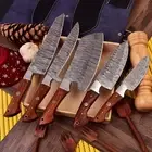 Custom made/Damascus chef knife set/ Wood & Steel On Handle with leather sheath.
