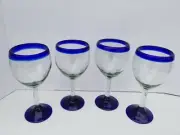 WINE GLASSES HAND BLOWN COBALT BLUE RIM & BASE SET OF 6