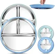 ZCOINS 2 Pack 9" Stainless Steel Plates with Suction, Divided Suction Stainless Steel Plates with Removable Silicone Base, 3 Compartments, Non-Slip Metal Dinner Dishes with Dividers