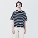 【MUJI 無印良品】女有機棉橫紋圓領短袖T恤 XS 深藍紋樣